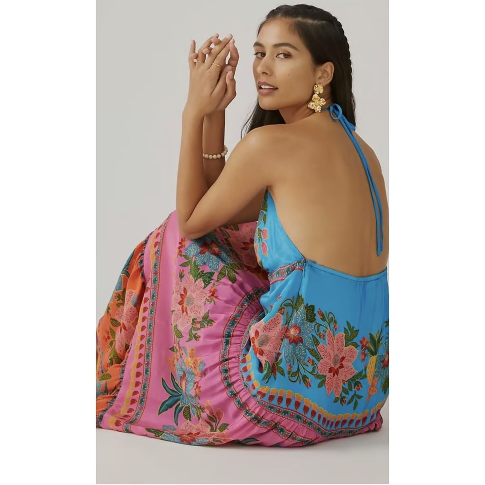 Farm Rio V-Neck Dress Anthropologie Halter Floral Tiered Sundress Cover XS NEW - Picture 3 of 15